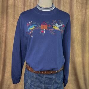 Vintage Bird Sweatshirt 90s Birdhouse Embroidery Crew Neck Cottage Garden Granny